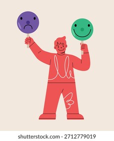 Muchacho que sostiene la máscara para expresar emoción. Concepto emocional. Ilustración vectorial colorida
