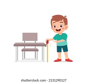 Boy Holding Measure Tape And Check Length Of Table