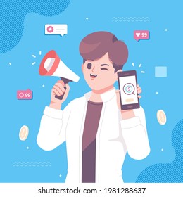 boy holding megaphone referral program illustration concept