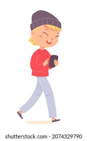 Boy holding mobile phone vector illustration. Cartoon funny young male person wearing casual jeans and hoodie, teen looking at cellphone, teenager standing and texting to friends isolated on white
