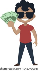 Boy is holding money, illustration, vector on white background.