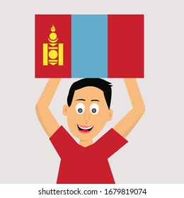 boy is holding mongolia flag. vector illustration.