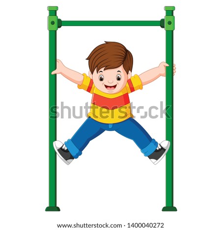 The boy is holding the monkey bar with his hands