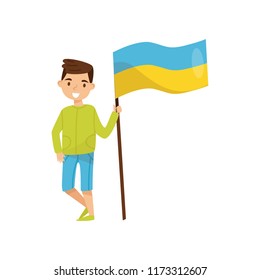 Boy holding national flag of Ukraine, design element for Independence Day, Flag Day vector Illustration on a white background