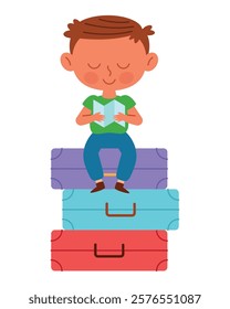 Boy holding packed suitcase and backpack