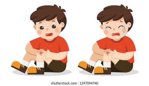 A Boy Holding Painful Wounded Leg Knee Scratch With Blood Drips. Child Broken Knee. Bleeding Knee Injury Pain. Kid Crying With Scraped Knee. Vector Illustration.