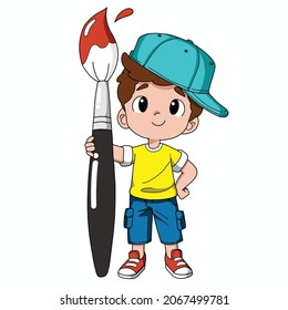 Boy holding the paint brush cartoon vector ,clip art.