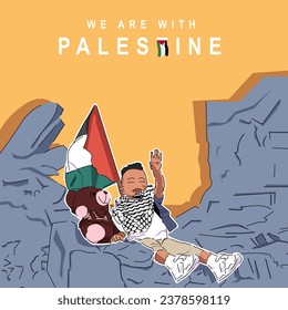 boy holding Palestinian flags and teddy bear . We stand with Palestine Poster design vector illustration. Save humanity