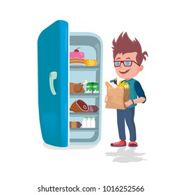 Boy holding the paper bags full of food in front of a refrigerator on white background