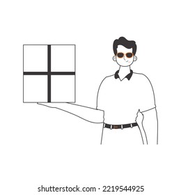 The boy is holding a parcel. Delivery concept. Linear style. Isolated on white background. Vector illustration.