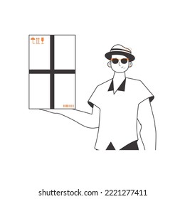 The boy is holding a parcel. Delivery concept. Linear trendy style. Isolated on white background. Vector illustration.