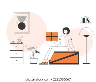 The boy is holding a parcel. Delivery concept. Linear trendy style.