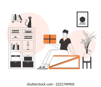 The boy is holding a parcel. Delivery concept. Linear modern style.