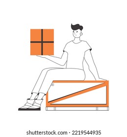 The boy is holding a parcel. Parcel Provider. Linear style. Isolated on white background. Vector illustration.