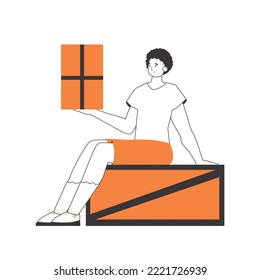 El chico tiene un paquete. Proveedor de paquetes. Estilo de moda lineal. Aislado sobre fondo blanco. Ilustración vectorial.