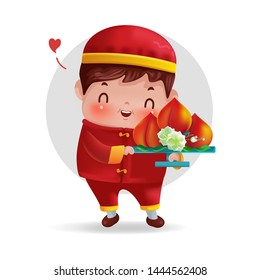 Boy holding peach. Character design for mid autumn festival and Chinese New Year. Pay homage concept. Cartoon vector illustration isolated on white background.