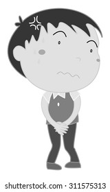 Boy holding pee in black and white illustration