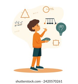 Boy Holding Pen and Paper, Solving Mathematics - Engaging in Academic Discover. Flat Vector Illustration 