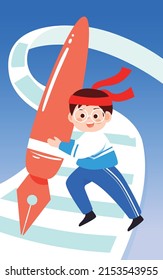 Boy holding pen and writing on paper with paper and books in background, vector illustration