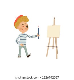 Boy holding a pencil. Artist easel. Isolated on white background. Vector cartoon illustration in flat style
