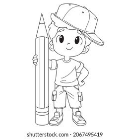 Boy holding the pencil cartoon vector ,coloring book pages