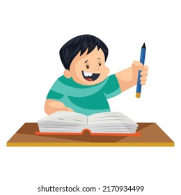 El chico tiene un lápiz en la mano y estudia un libro. Ilustración gráfica vectorial. Individualmente sobre fondo blanco.