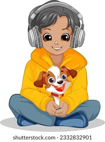 Boy holding pet sitting on the floor listening to music with headset illustration