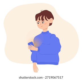 Niño sosteniendo un teléfono y mirando a la cámara. Vector ilustración de stock. aislado sobre un fondo blanco.