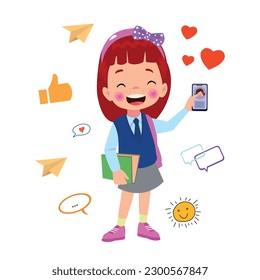 A boy holding a phone and a social media icons on a white background