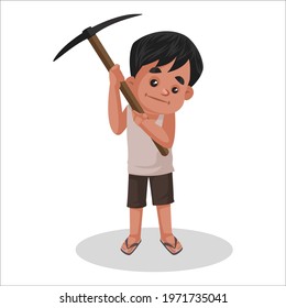 Boy is holding a pickaxe in hand. Vector graphic illustration. Individually on a white background.