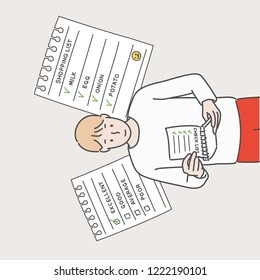 A boy is holding a piece of paper with a list. hand drawn style vector design illustrations.