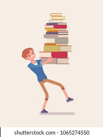 Boy holding a pile of books. Unhappy student annoyed with too much homework to do, heap of textbooks to read for test or exam, load with burden of information. Vector flat style cartoon illustration