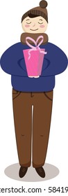 boy holding pink present in hands in blue jacket brown scarf and hat in winter