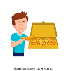 A boy holding a pizza box and eating a slice of pizza