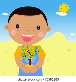 boy holding a plant