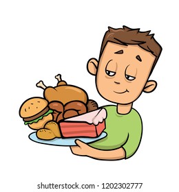 Boy holding plate full of junk food. Overeating. Cartoon design icon. Colorful flat vector illustration. Isolated on white background.