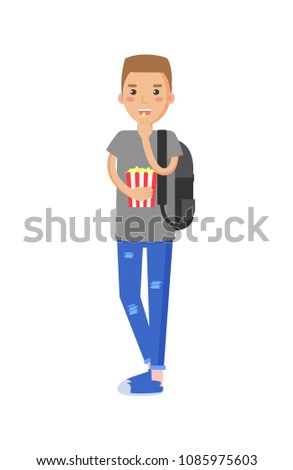 Boy holding popcorn, guy wearing t-shirt and jeans with holes, backpack behind him, eating popcorns from striped box, vector illustration, isolated on white