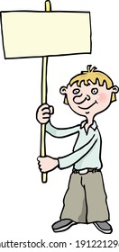 Niño sosteniendo un afiche en sus manos, sonriendo. Adolescente dibujada a mano aislada de fondo blanco. Infografía plana. Ilustración vectorial al estilo de las caricaturas.