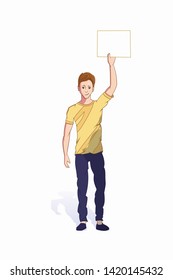 Boy holding promo banner flat vector illustration. Cartoon character with empty placard mockup for text and design. Caucasian man have blank poster in hands. Advertising, marketing clipart