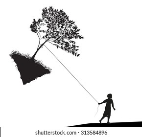 boy holding and  pulling the tree on  flying rock, take  last tree, mankind and environment,  shadows 