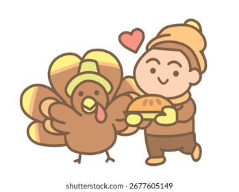 Boy holding pumpkin pie with turkey friend