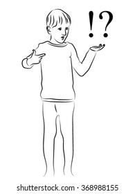 Boy is holding a question and exclamation mark, question difficulty