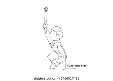 Boy holding quran and torch. Islamic new year concept one-line drawing