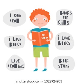 Boy holding, reading book. Banners set for book store, shop, club. 