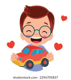 Boy holding a red car and hearts on his chest