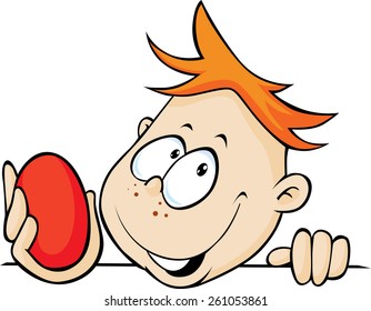 boy holding red egg in hand, peeking out - vector illustration