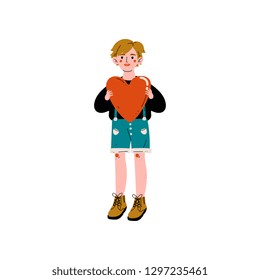 Boy Holding Red Heart, Happy Valentine Day Vector Illustration