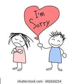 the boy holding red heart shape balloon with text "I'm Sorry" extended to the girl on white background cartoon style