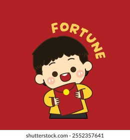 Boy holding red pocket for chinese new year