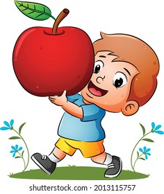 The boy is holding the red ripe apple with the happy expression of illustration